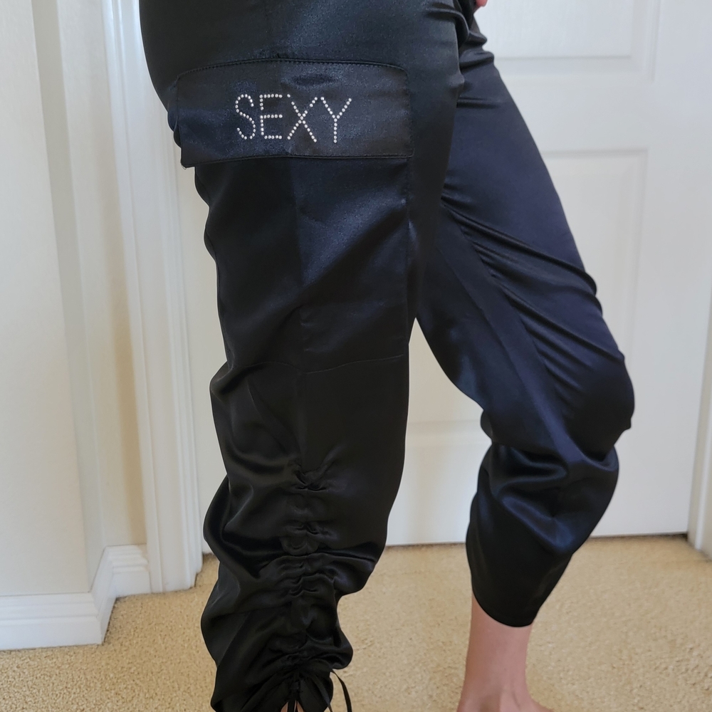 Black Satin Joggers with Rhinestone Detail